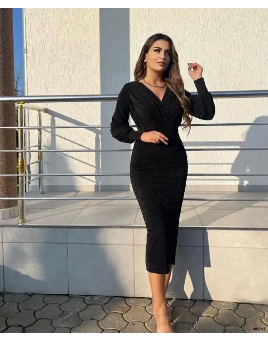 Omarı Kadın Uzun Kollu Krep Kumaş Maxi Elbise