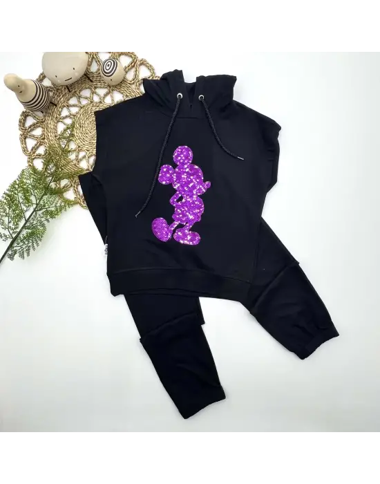 Omarı Kapşonlu Payetli Mickey Desenli Çocuk Takımı Siyah