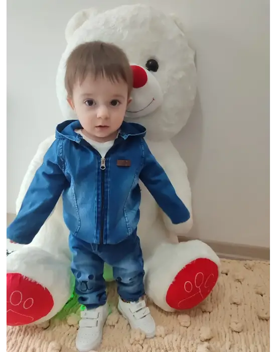 Omarı Kapşonlu Uzun Kol Erkek Bebek 3lü Kot Takımı Mavi