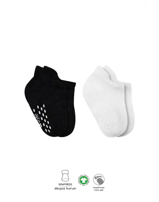 Omarı Kaymaz Basic 2li Sneakers Penye Çorap Siyah Ekru