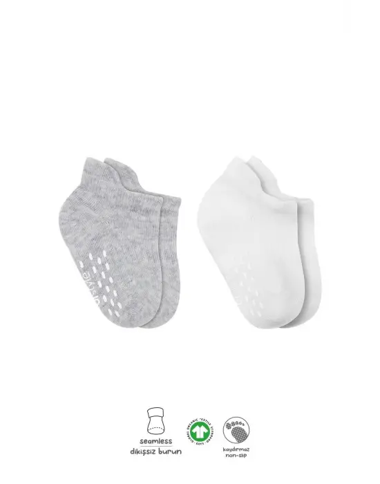Omarı Kaymaz Tabanlı 2li Basic Penye Çorap Seti Gri Beyaz