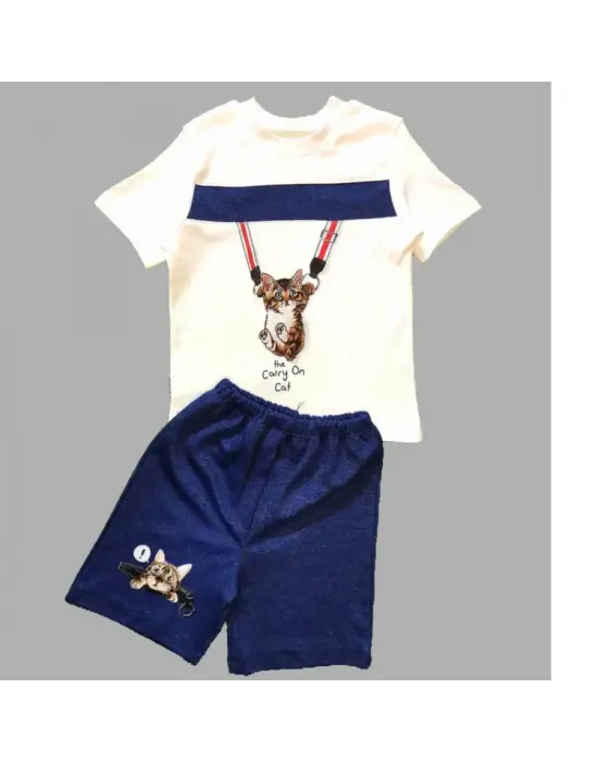 Omarı Kedi Baskılı Şortlu Kısa Kollu Bebek Takımı