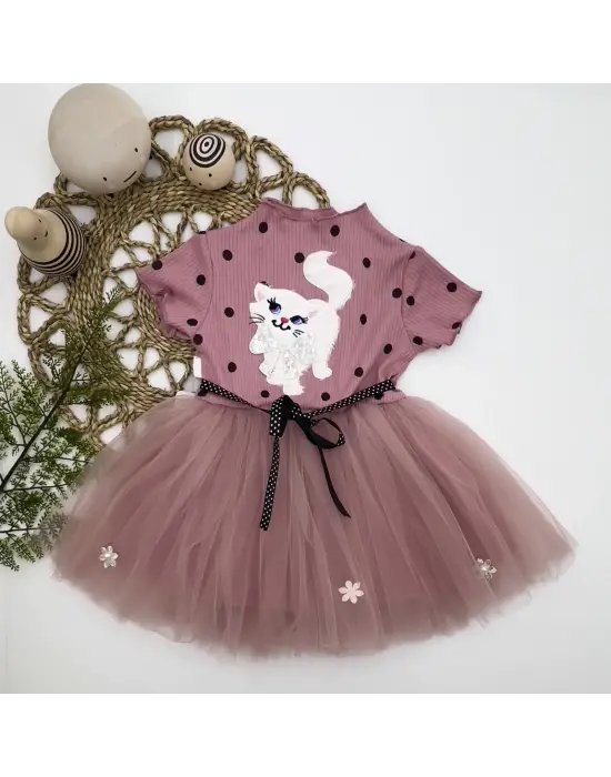 Omarı Kedicik Desenli Puantiyeli Kız Bebek Elbisesi