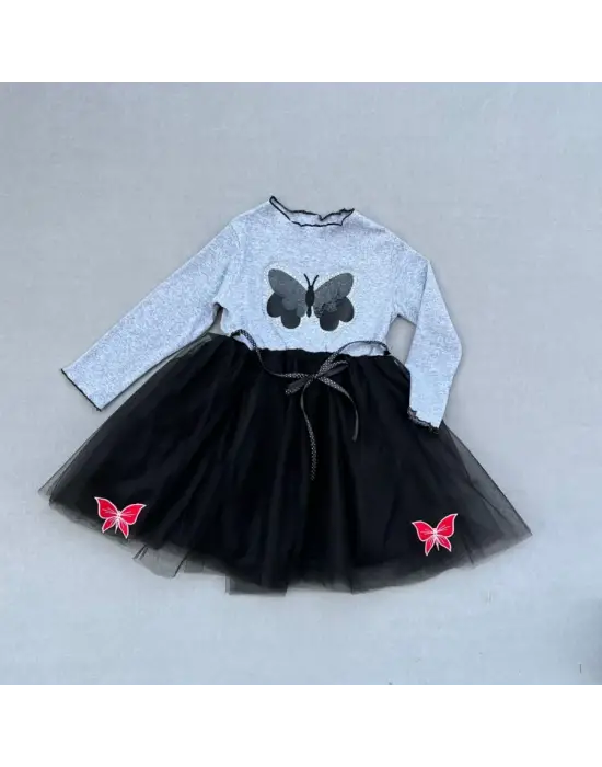 Omarı Kelebek Desenli Siyah Kız Çocuk Tütü Elbise