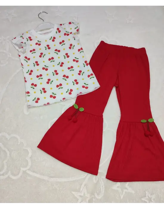 Omarı Kiraz Baskılı İspanyol Paçalı Kız Çocuk Takımı