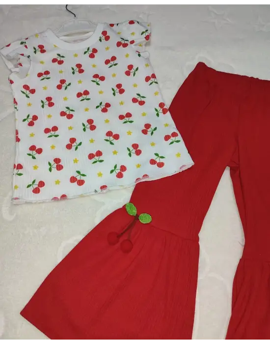 Omarı Kiraz Baskılı İspanyol Paçalı Kız Çocuk Takımı