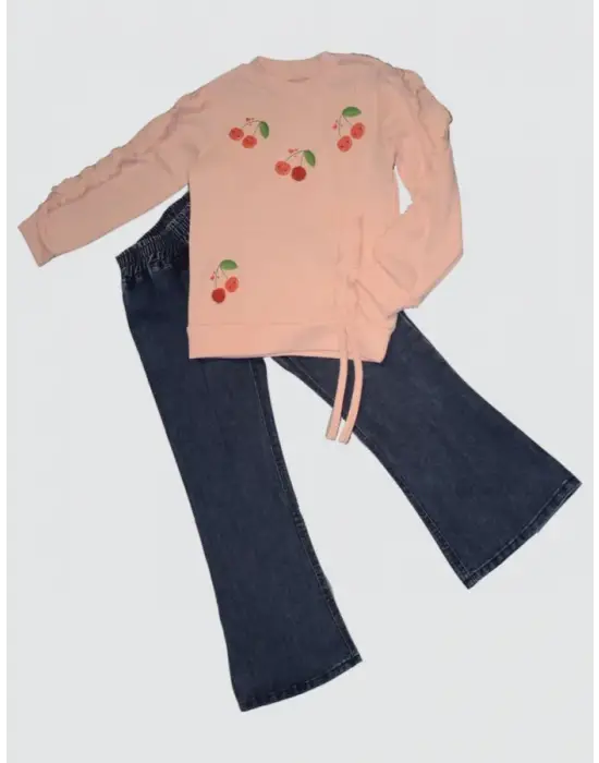 Omarı Kız Çocuk Kot Pantolonlu Kiraz Desenli Penye Takımı