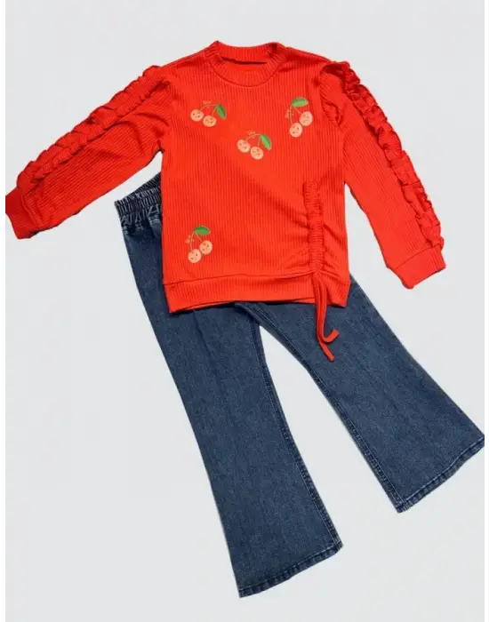 Omarı Kot Pantolonlu Kiraz Desenli Kız Çocuk Takımı - Kırmızı
