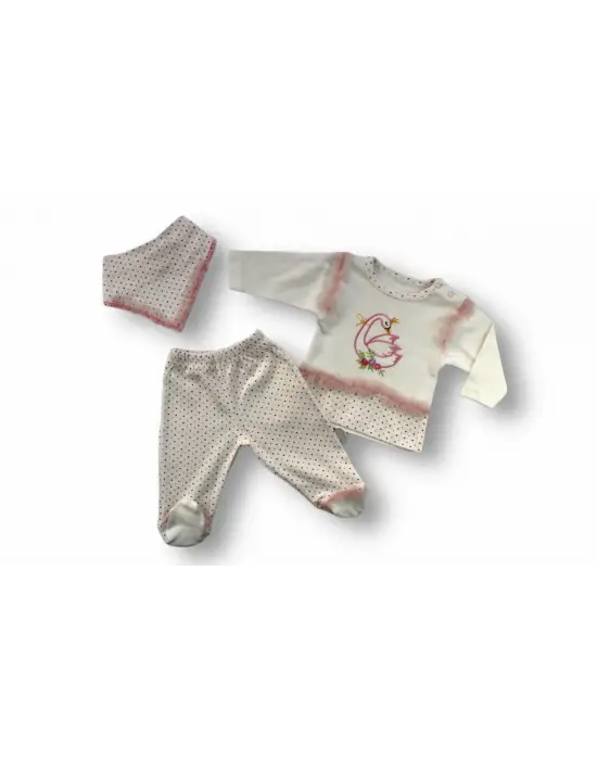 Omarı Kraliçe Kuğu Nakışlı Uzun Kollu Bebek Takımı Ekru