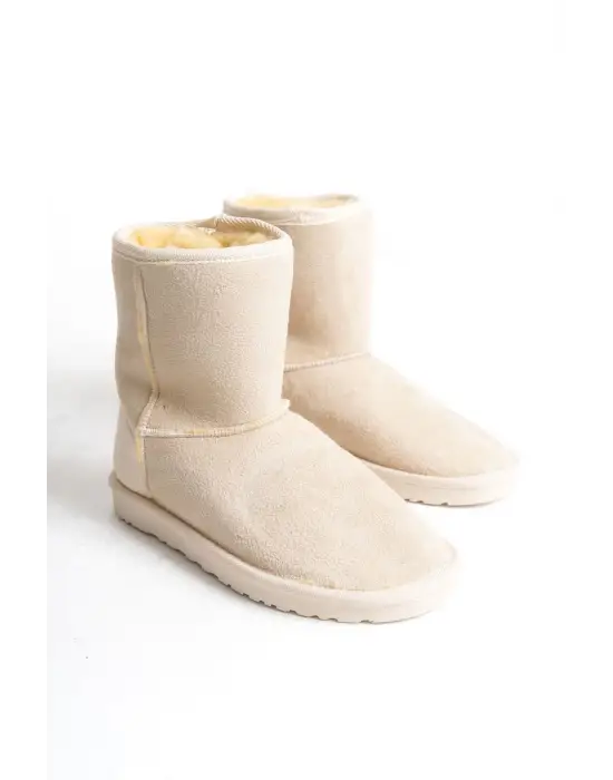 Omarı Krem Süet İçi Kürklü Bayan Bot - Bağcıksız, Düz Taban