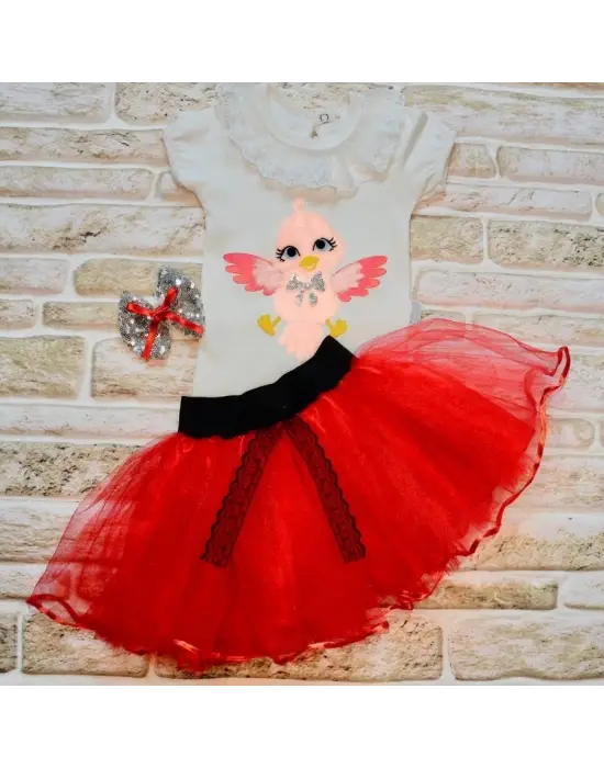 Omarı Kuş Desenli Bebek Takımı Kırmızı