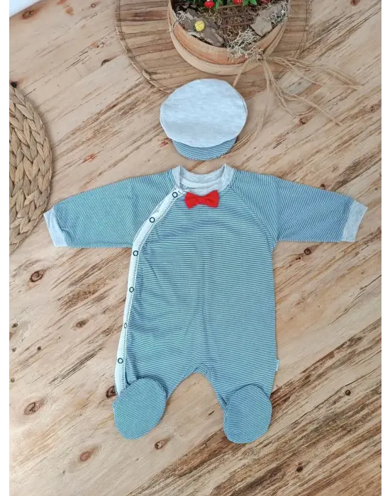 Omarı Lacivert Papyonlu Bebek Tulumu Çıtçıt Kapama İle