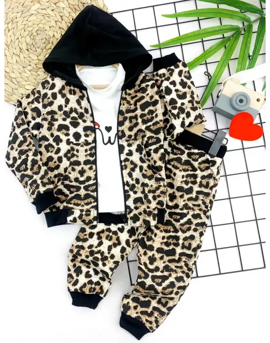 Omarı Leopar Desenli Kapşonlu Kız Çocuk Sweat Takımı