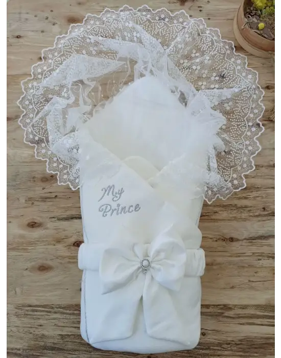 Omarı Lüks Nakışlı Yenidoğan Kundak Battaniyesi - Ekru