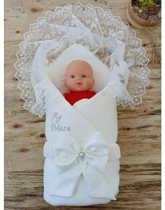 Omarı Lüks Nakışlı Yenidoğan Kundak Battaniyesi - Ekru