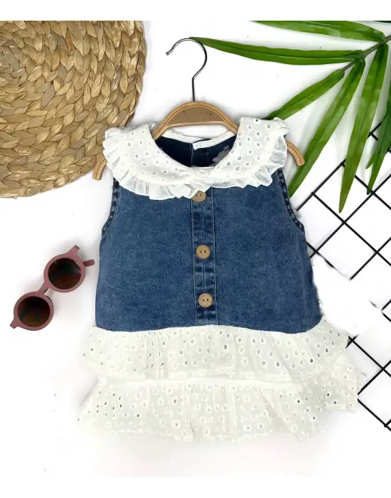 Omarı Mavi Güpür Detaylı Kız Bebek Kot Kilotlu Elbise