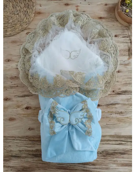 Omarı Mavi Melek Kanatlı Yenidoğan Battaniye