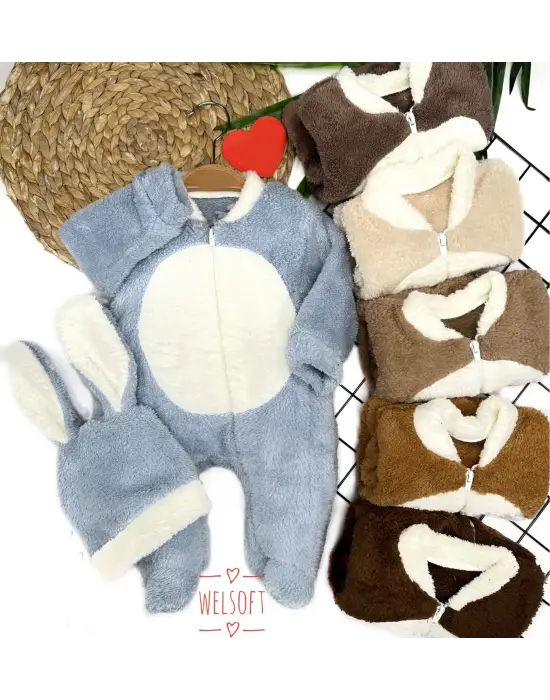 Omarı Mavi Patikli Tavşan Kulak Şapkalı Bebek Tulumu