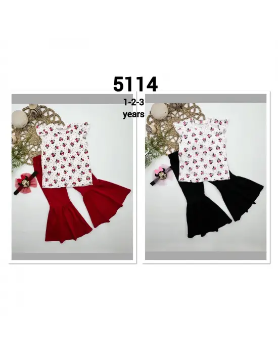 Omarı Mickey Baskılı Bandanalı Kırmızı Kız Çocuk Takımı