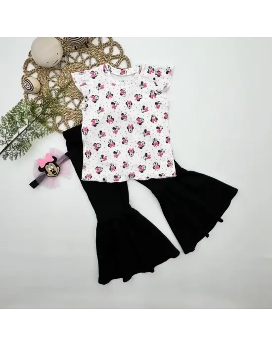 Omarı Mickey Baskılı Bandanalı Siyah Kız Çocuk Takımı