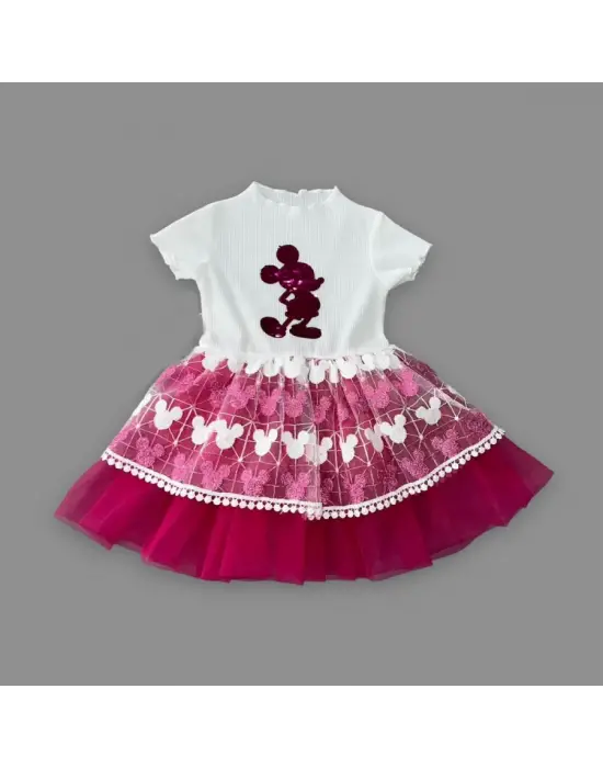 Omarı Mickey Baskılı Payet Detaylı Bebek Elbisesi - Fuşya