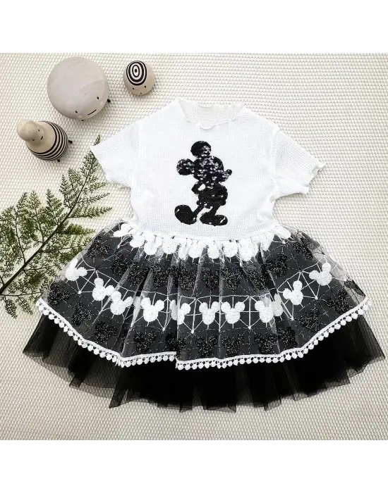 Omarı Mickey Baskılı Payet Detaylı Bebek Elbisesi Siyah