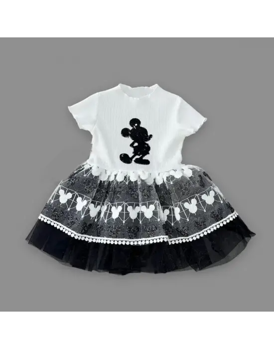 Omarı Mickey Baskılı Payet Detaylı Bebek Elbisesi Siyah