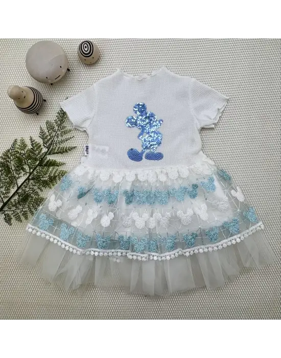 Omarı Mickey Baskılı Payet Detaylı Bebek Elbisesi Turkuaz