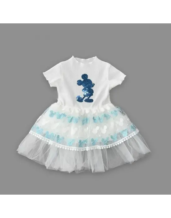 Omarı Mickey Baskılı Payet Detaylı Bebek Elbisesi Turkuaz