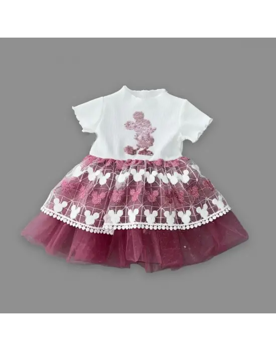 Omarı Mickey Baskılı Payet Detaylı Kız Bebek Elbisesi