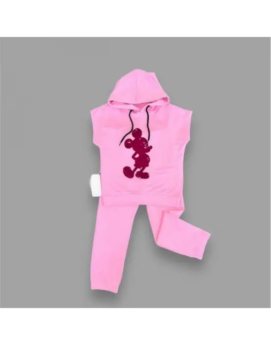 Omarı Mickey Desenli Kapşonlu Çocuk Takımı - Pembe