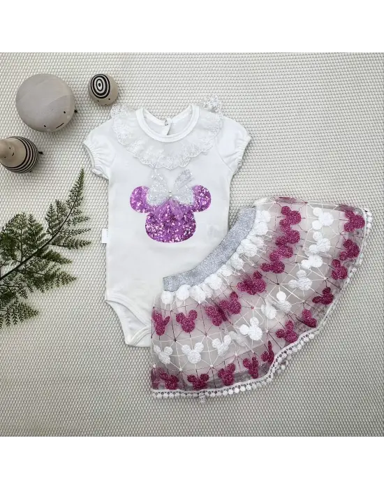 Omarı Mickey Nakışlı Kısa Kollu Bebek Takımı Fuşya