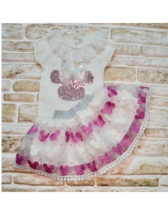 Omarı Mickey Nakışlı Kısa Kollu Bebek Takımı Fuşya
