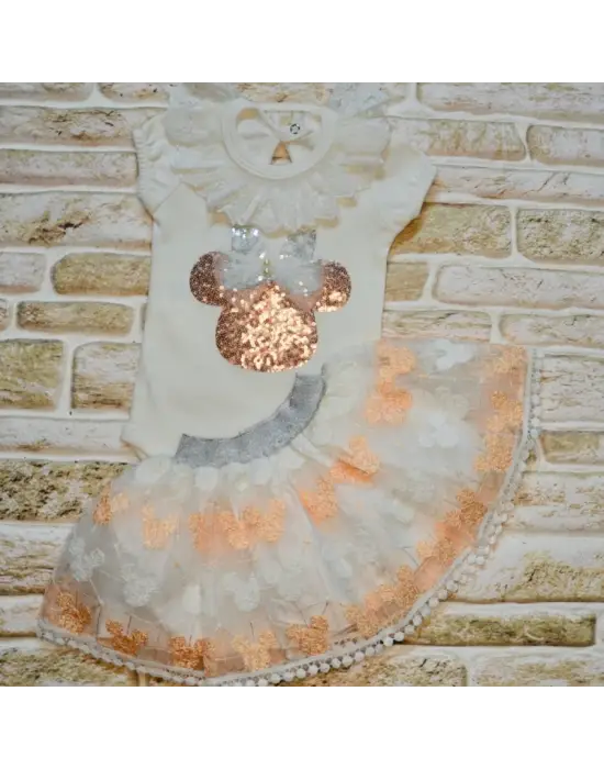 Omarı Mickey Nakışlı Kısa Kollu Bebek Takımı Pudra