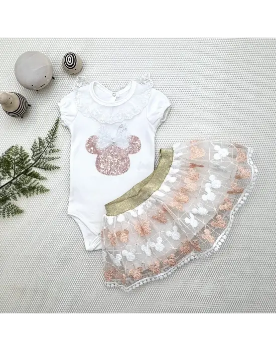 Omarı Mickey Nakışlı Kısa Kollu Bebek Takımı Pudra
