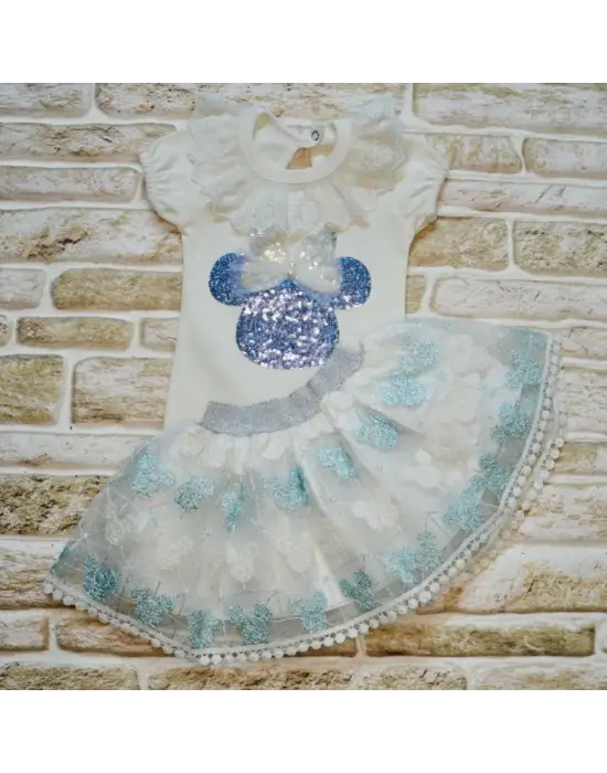 Omarı Mickey Nakışlı Kısa Kollu Etekli 2li Kız Bebek Takımı - Turkuaz