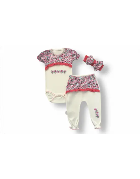 Omarı Mimoza Desenli Bandanalı Kız Bebek Takımı Lila