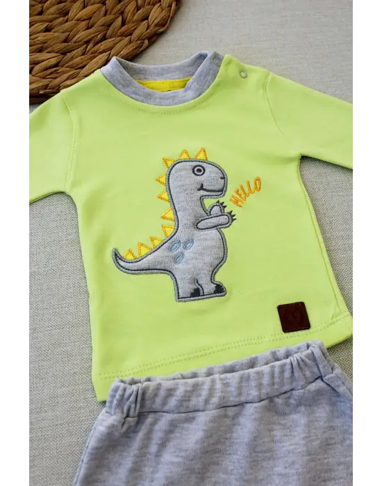 Omarı Minik Dino Nakışlı Bebek Sweat Takımı Yeşil