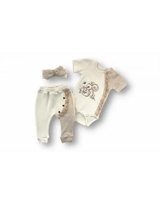 Omarı Minik Sincap Nakışlı Kız Bebek Takımı Kahverengi