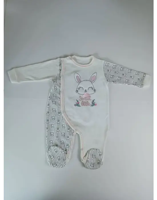 Omarı Minik Tavşan Nakışlı Bebek Tulumu Ekru