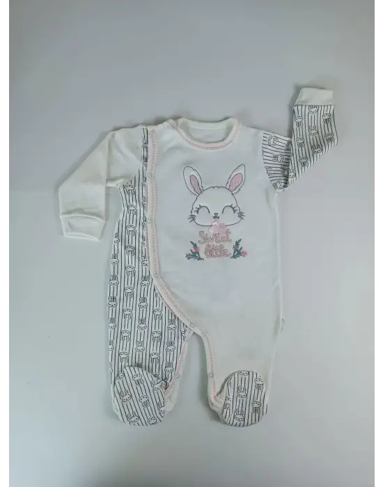 Omarı Minik Tavşan Nakışlı Bebek Tulumu Ekru