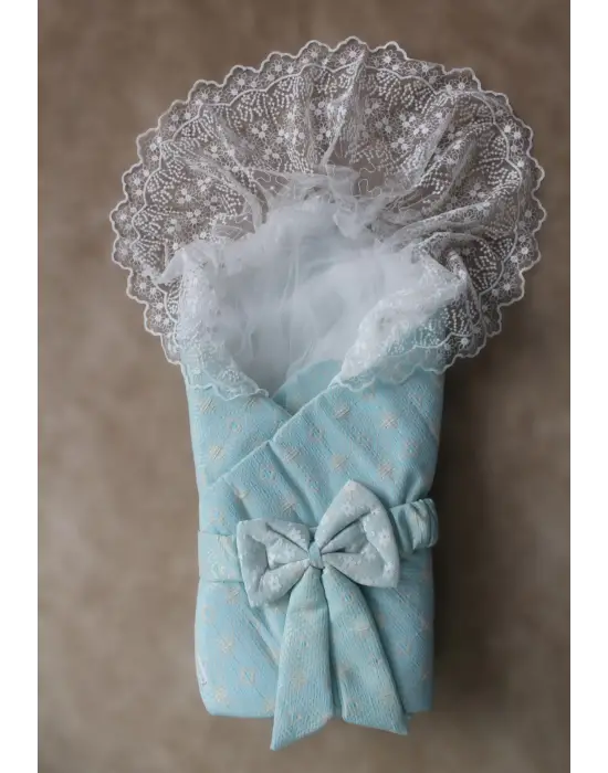 Omarı Mint Yeşili Yenidoğan Kareli Duvaklı Kundak Battaniyesi