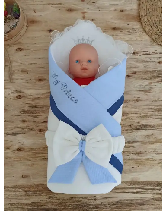 Omarı My Prince Taç Nakışlı Delüks Yenidoğan Bebek Battaniyesi - Mavi