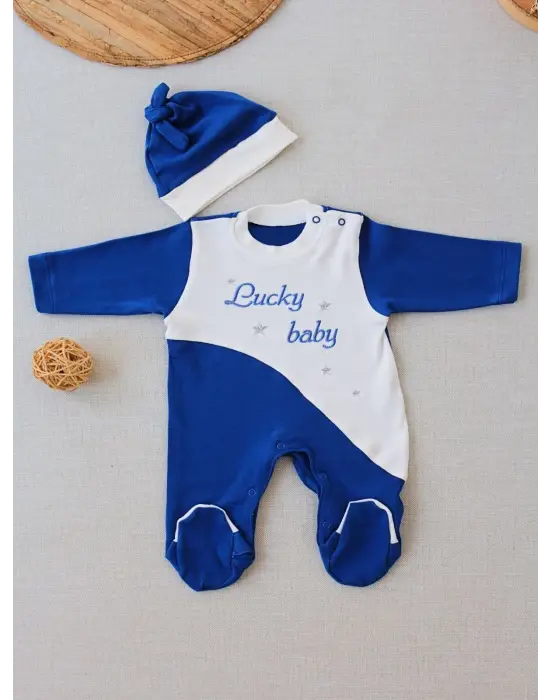 Omarı Nakışlı Es Çizgi Boy Şapkalı Bebek Tulumu Lacivert