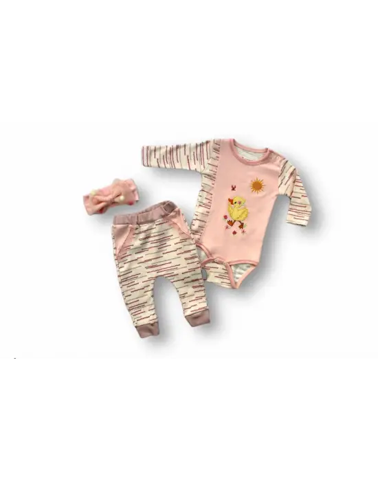 Omarı Nakışlı Şapkalı Uzun Kollu Bebek Takımı Pembe