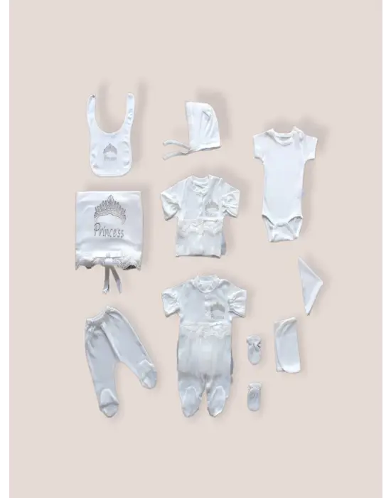 Omarı Nakışlı Taçlı Prenses Zıbın Takımı Ekru