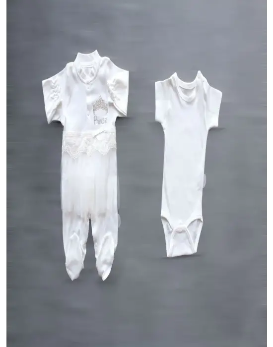 Omarı Nakışlı Taçlı Prenses Zıbın Takımı Ekru