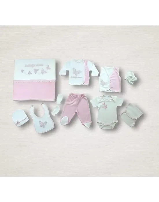 Omarı Nakışlı Uçan Kelebekler 10lu Hastane Çıkışı Zıbın Takımı - Pembe