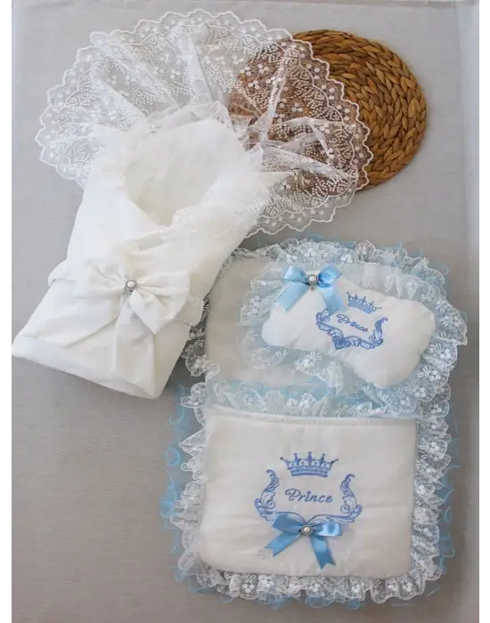 Omarı Nil Taç Nakışlı Yenidoğan 3lü Alt Açma Seti - Mavi