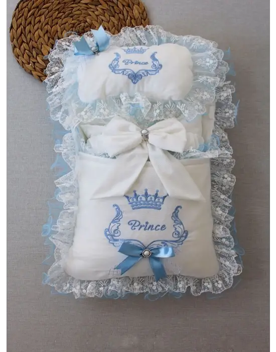 Omarı Nil Taç Nakışlı Yenidoğan 3lü Alt Açma Seti - Mavi